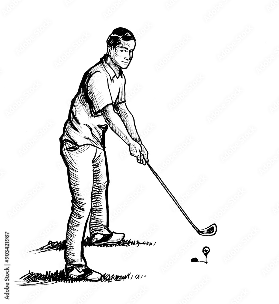 Man golfing. Hand drawn ink black and white retro styled illustration Man golfing. Hand drawn ink black and white retro styled illustration