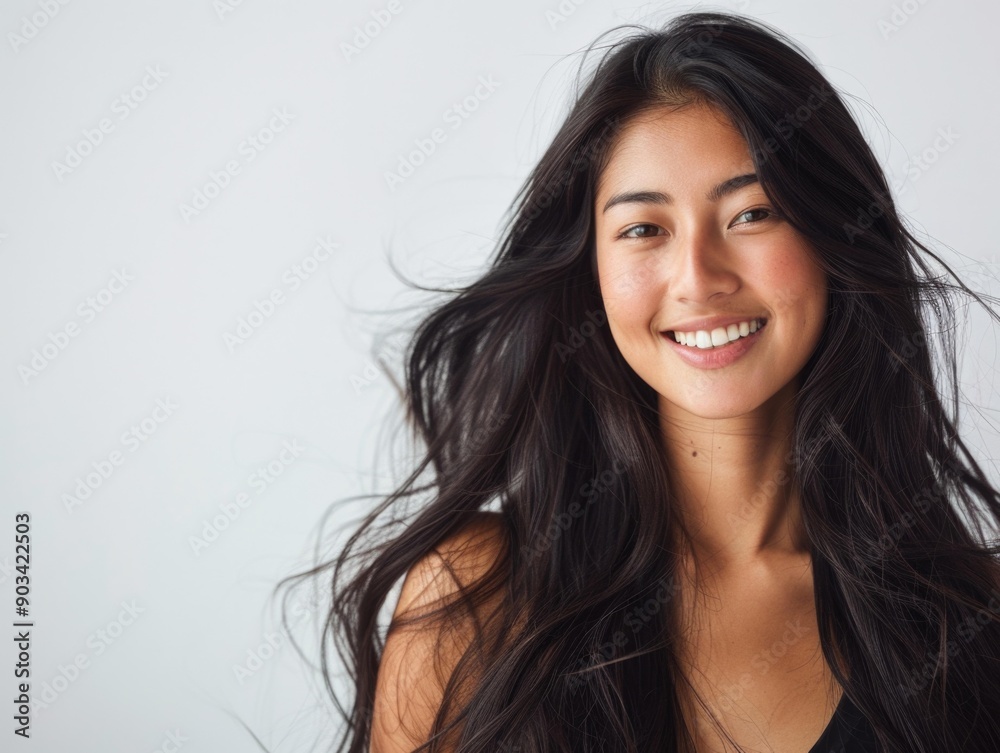 Naklejka premium Vibrant Hair and Confidence: Young Woman, Smooth Black Hair, Crisp White Background