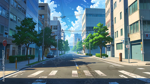 Anime Style City Streets Landscape Illustration. photo