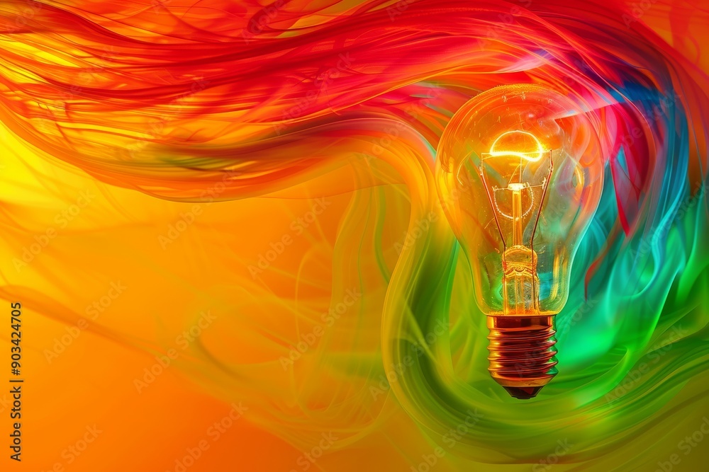 Light bulb with swirling colorful light symbolizing creativity and inspiration. Light bulb with swirling colorful light symbolizing creativity and inspiration.