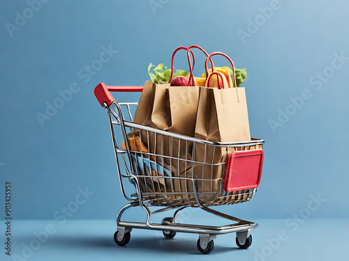 Small Paper Shopping Bags with Shopping Cart on Blue Background.