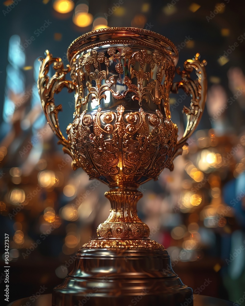 Close-up of an ornate golden trophy in focus, with a blurred background, symbolizing victory and achievement in a prestigious event. Close-up of an ornate golden trophy in focus, with a blurred background, symbolizing victory and achievement in a prestigious event.