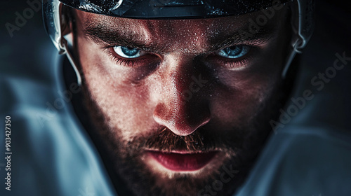 Portrait of a male hockey player with intense look photo