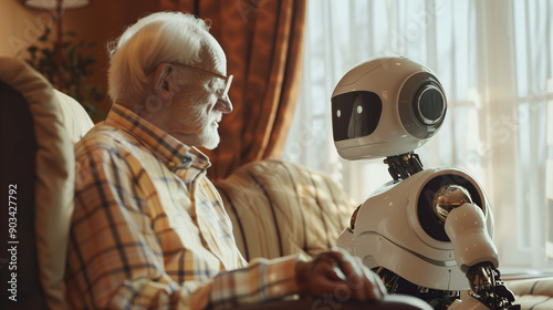 Artificial Intelligence Robots Assisting Elderly People in a Blended Real and Virtual Environment, Highlighting Advanced Technology and Compassionate Care photo