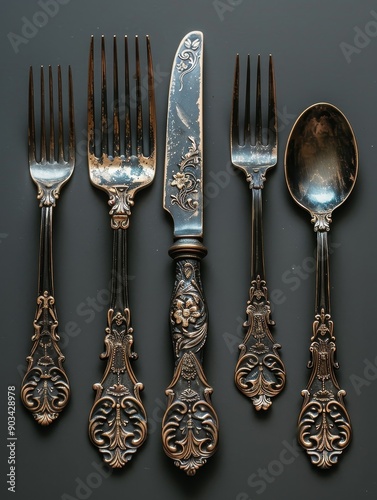 Antique Silverware Set on a Dark Background