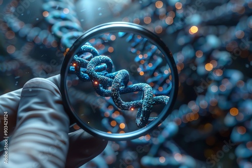 Close-up of DNA strand under magnifying glass, highlighting genetic research in a laboratory setting.