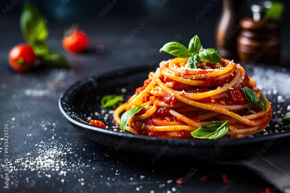 Italian spaghetti with tomato sauce and Parmesan on a dark plate with basil garnish. Italian spaghetti with tomato sauce and Parmesan on a dark plate with basil garnish.