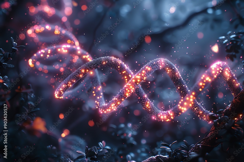 Abstract glowing DNA helix structure in a dark mystical forest, blending science and nature with vibrant lights and deep colors. Abstract glowing DNA helix structure in a dark mystical forest, blending science and nature with vibrant lights and deep colors.