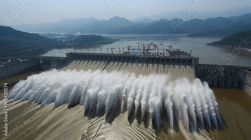 arafed water guses out from a dam into a river photo