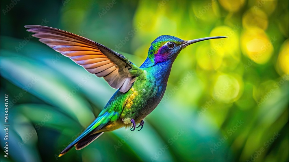 Fototapeta premium Vibrant image of a colibri flying in the lush jungle , colibri, hummingbird, bird, wildlife, jungle, nature, greenery, vibrant