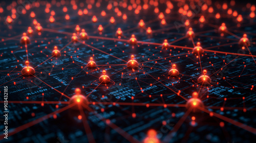 A visual representation of a digital network with interconnected nodes glowing red against a dark background.