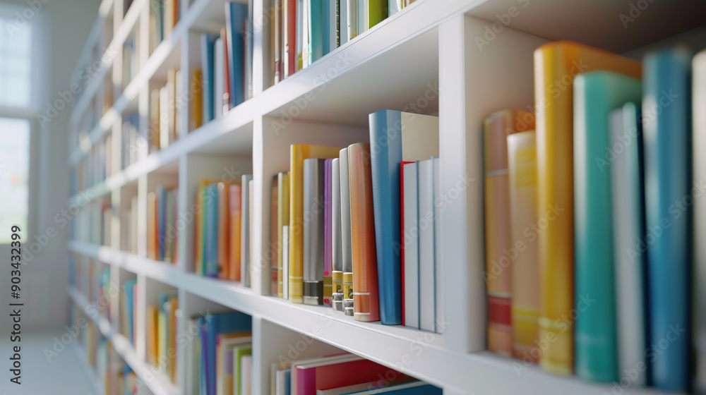 A white wooden bookcase filled with books in a public library. Image of education. Image of study concept. A white wooden bookcase filled with books in a public library. Image of education. Image of study concept.