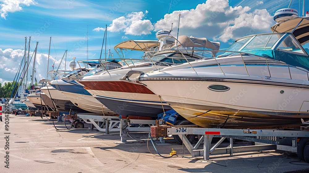 Fototapeta premium Boats on a trailer in the parking lot of a boat sports store for sale or rental, a sunny day with a blue sky in the background. luxury ship, maintenance, and parking place boat.