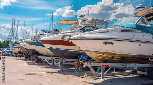 Boats on a trailer in the parking lot of a boat sports store for sale or rental, a sunny day with a blue sky in the background. luxury ship, maintenance, and parking place boat. photo