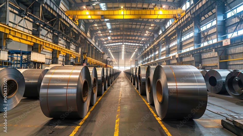 Cold rolled steel coil or stainless steel sheets at storage area in steel industry plant. in a warehouse. copy space for text. Cold rolled steel coil or stainless steel sheets at storage area in steel industry plant. in a warehouse. copy space for text.