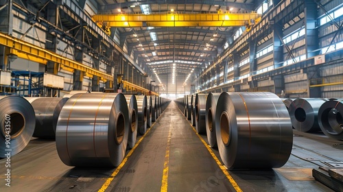 Cold rolled steel coil or stainless steel sheets at storage area in steel industry plant. in a warehouse. copy space for text.