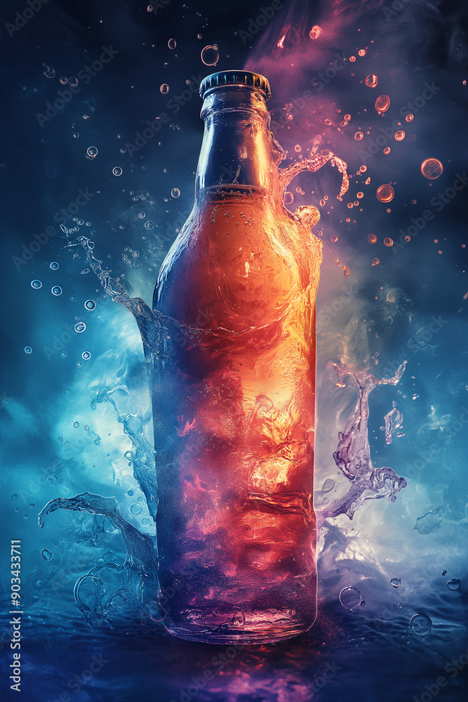 A bottle of beer with water splashing around it A bottle of beer with water splashing around it