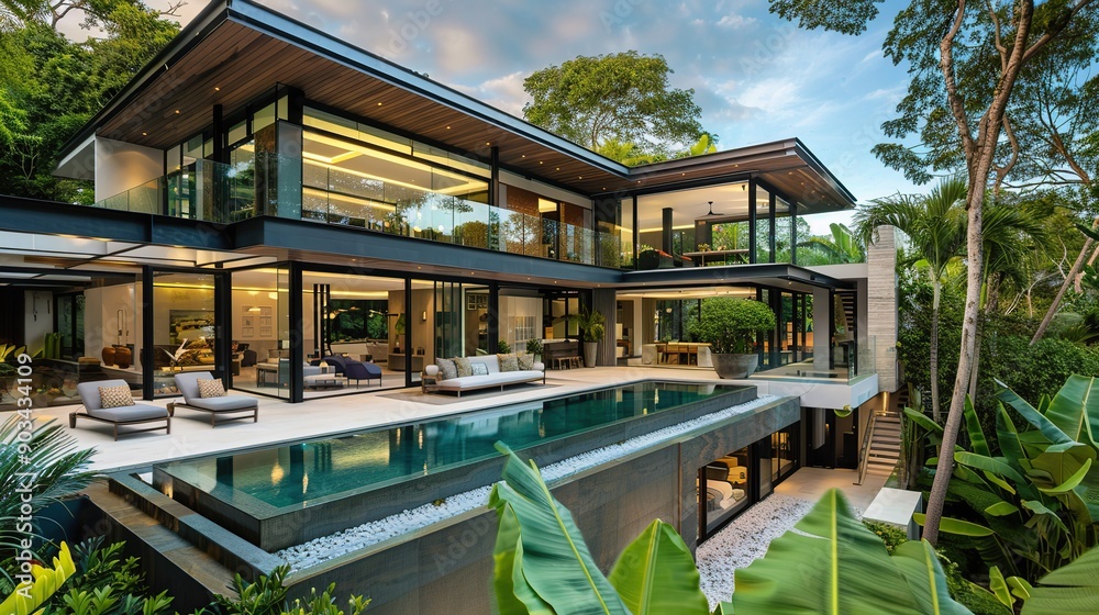 Obraz premium Modern luxury house with large glass windows, surrounded by lush greenery, and featuring an outdoor pool and elegant outdoor furniture. copy space for text.