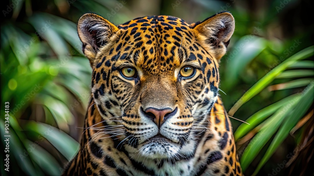 Fototapeta premium Intense and fierce jaguar staring directly into the camera in the wild , jaguar, wildlife, intense, fierce, predator, wild, nature