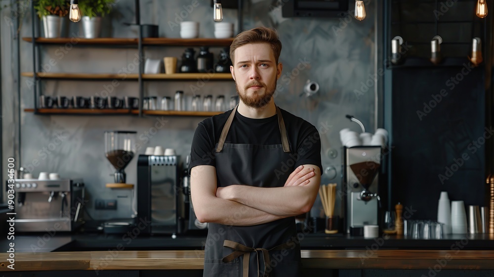 Portrait of a handsome barista in black t-shirt and apron standing at the bar of the modern cafe. copy space. copy space for text. Portrait of a handsome barista in black t-shirt and apron standing at the bar of the modern cafe. copy space. copy space for text.