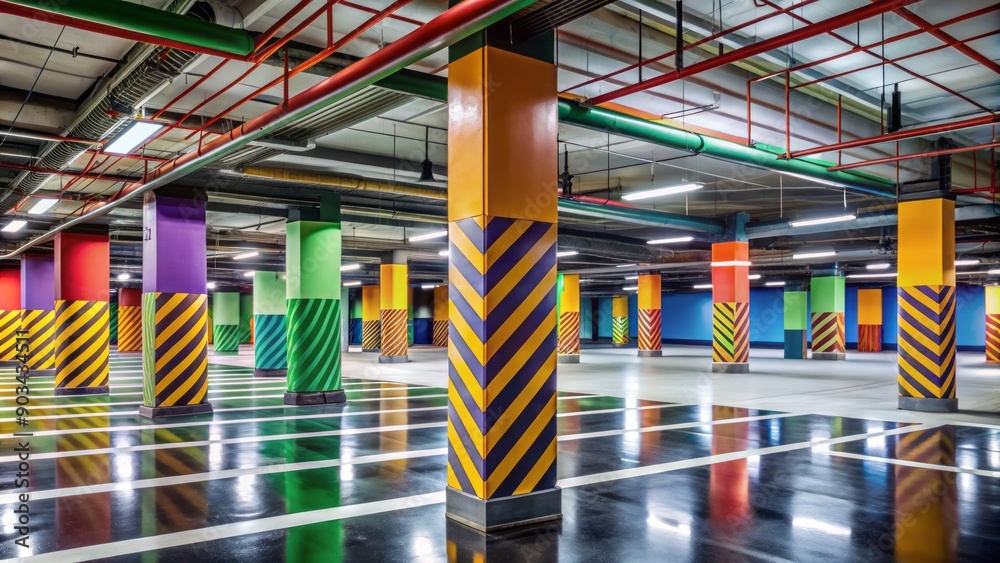 Brightly painted garage stripes adorn columns in a vast, empty ...