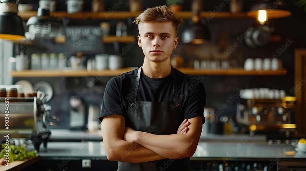 Portrait of a handsome barista in black t-shirt and apron standing at the bar of the modern cafe. copy space. copy space for text. Portrait of a handsome barista in black t-shirt and apron standing at the bar of the modern cafe. copy space. copy space for text.
