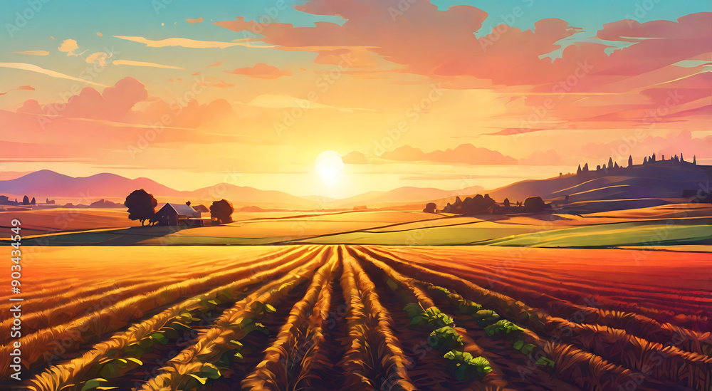 a stunning digital illustration of lush farm fields bathed in the golden light of sunset, highlighting rows of crops with vibrant colors and gentle shadows. a stunning digital illustration of lush farm fields bathed in the golden light of sunset, highlighting rows of crops with vibrant colors and gentle shadows.