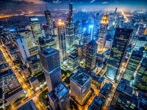 Dramatic down angle nighttime view of bustling downtown cityscape with sleek skyscrapers, vibrant lights, and dark shadows casting a mystical urban atmosphere. photo