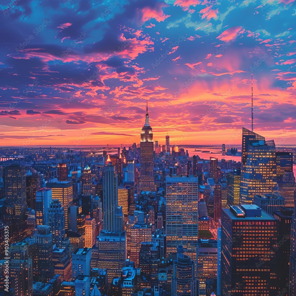 Obraz premium Stunning aerial view of New York City skyline at sunset with vibrant sky and lit buildings, capturing the essence and beauty of urban life.