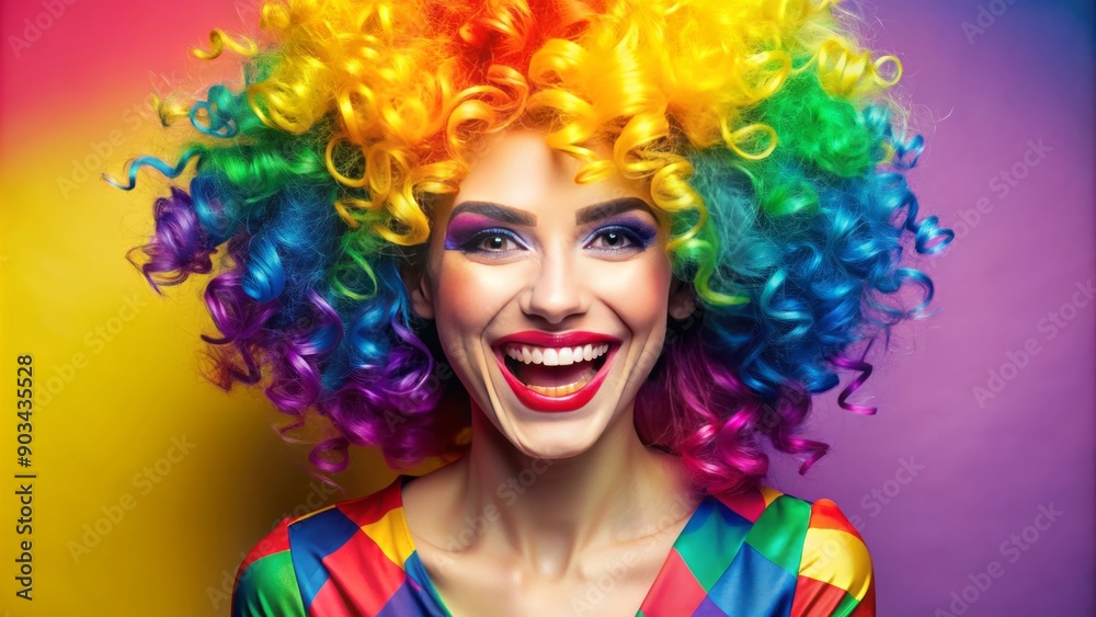 Vibrant, curly wig frames the smiling face of a confident individual, dressed in bold attire, exuding self-expression and playfulness in a colorful studio setting. Vibrant, curly wig frames the smiling face of a confident individual, dressed in bold attire, exuding self-expression and playfulness in a colorful studio setting.