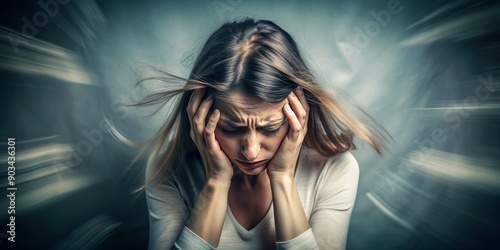 A blurry, distressed female figure clutches her head, conveying disorientation and discomfort, as if struggling with a debilitating neurological or inner ear disorder.