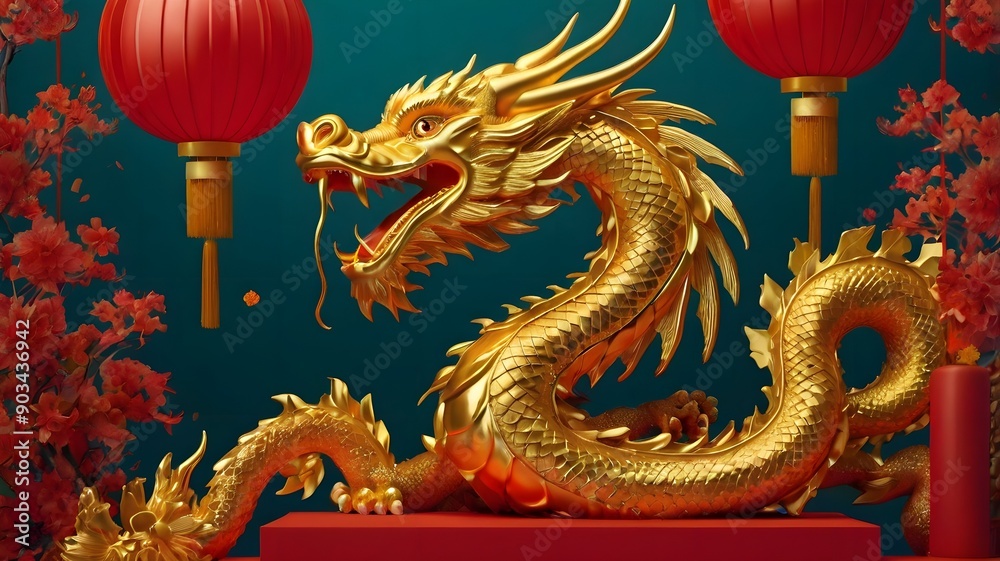 Obraz premium 3D chinese 2024 year gold new lunar cny podium