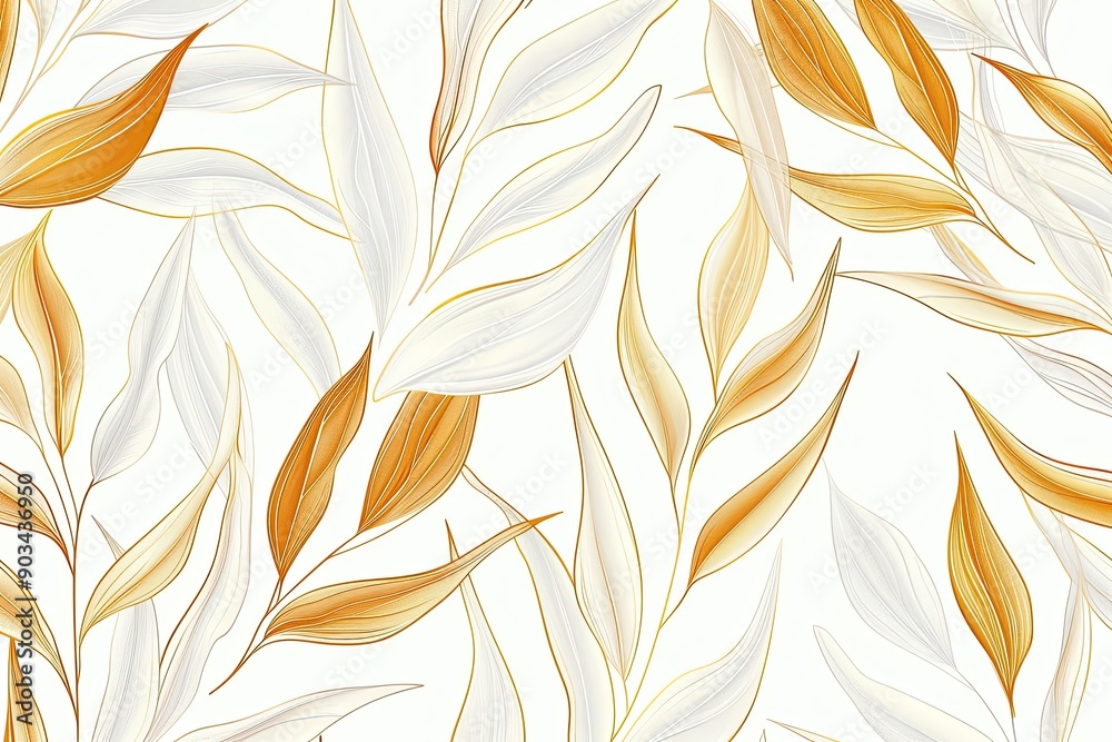 A pattern with a cartoonistic illustration of a white and gold leaves white background. Thick cartoon A pattern with a cartoonistic illustration of a white and gold leaves white background. Thick cartoon