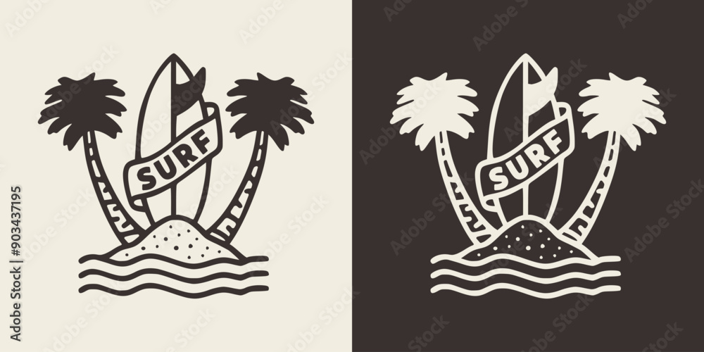 Fototapeta premium Hand drawn illustration of a surfboard in sand.