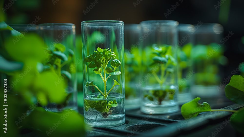 A row of plant seedlings are in small glass containers. The plants are green and appear to be healthy A row of plant seedlings are in small glass containers. The plants are green and appear to be healthy