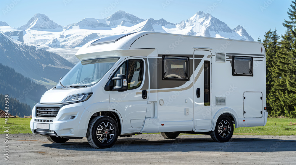 Modern white camper van parked against a scenic mountain backdrop. Modern white camper van parked against a scenic mountain backdrop.