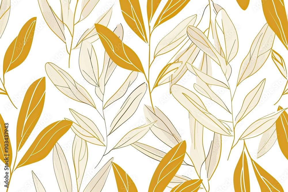 A pattern with a cartoonistic illustration of a white and gold leaves white background. Thick cartoon A pattern with a cartoonistic illustration of a white and gold leaves white background. Thick cartoon