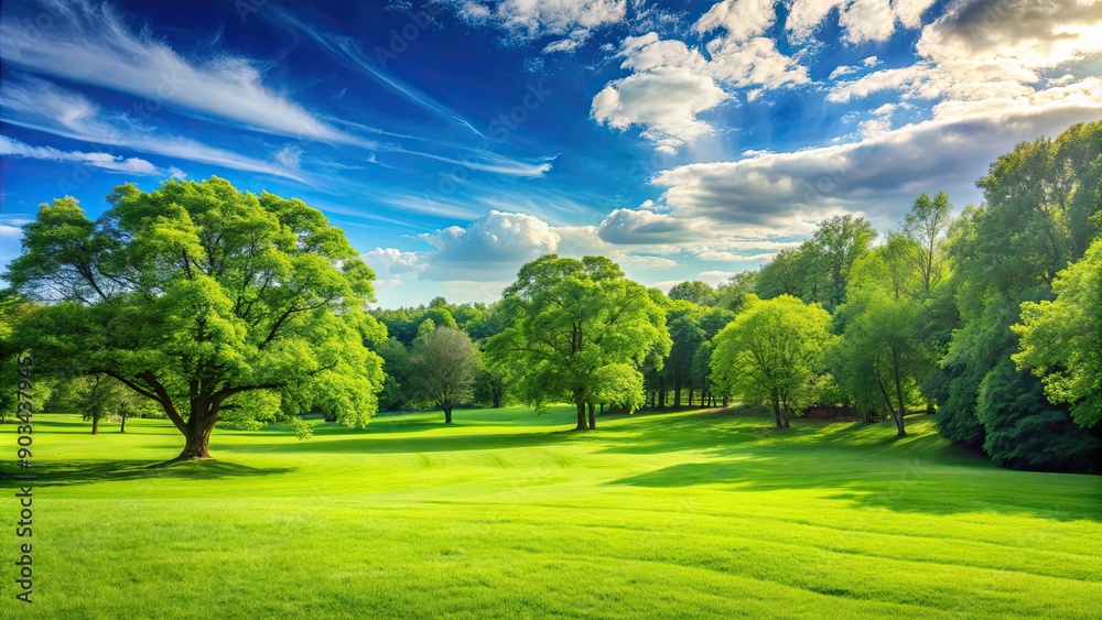 Naklejka premium Green landscape background with lush grass and trees under a clear blue sky, nature, scenery, environment, outdoors, fresh