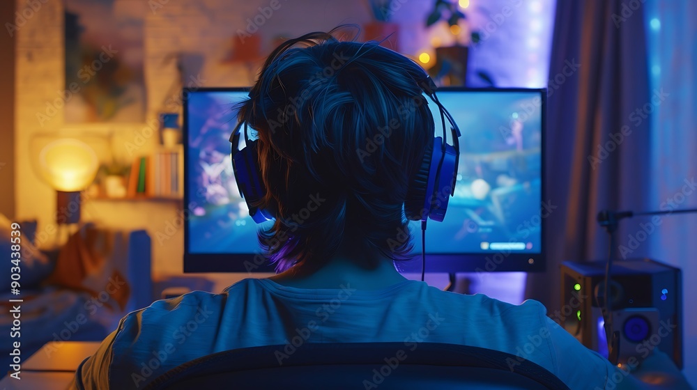 Gamer with Headphones Focused on a Computer Screen Gamer with Headphones Focused on a Computer Screen