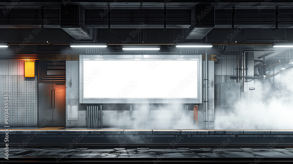 Blank billboard mockup at an empty, foggy train station platform. Blank billboard mockup at an empty, foggy train station platform.
