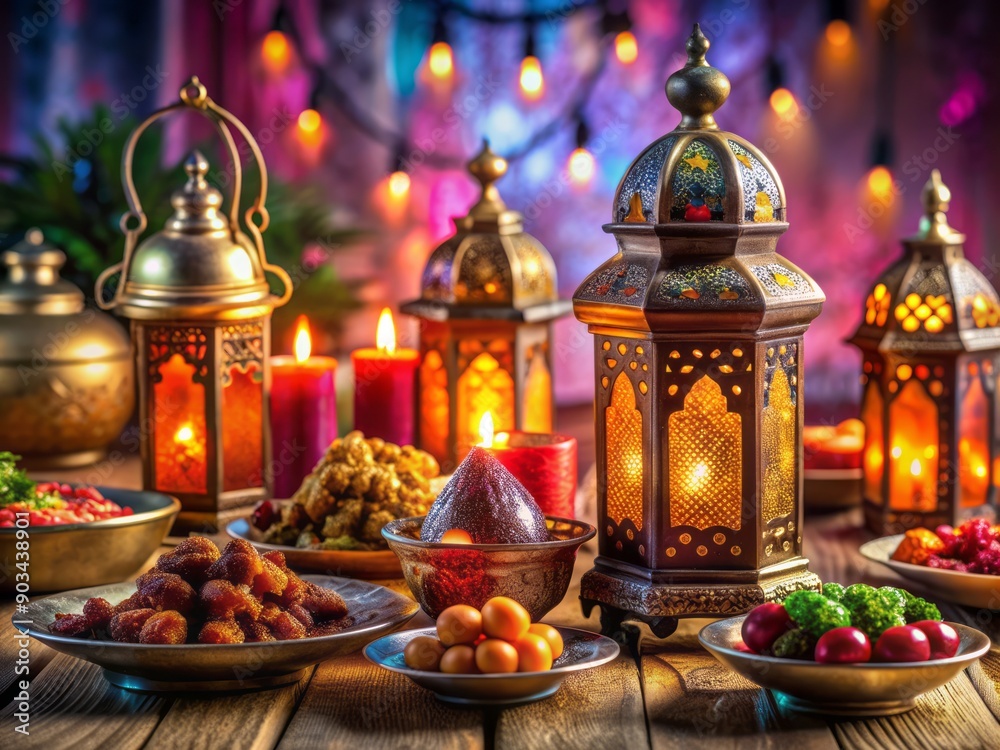 Vibrant Ramadan Iftar party setup featuring traditional Arabic dishes, colorful lanterns, and ornate decorative elements, evoking warmth and festive celebration in a Middle Eastern atmosphere.