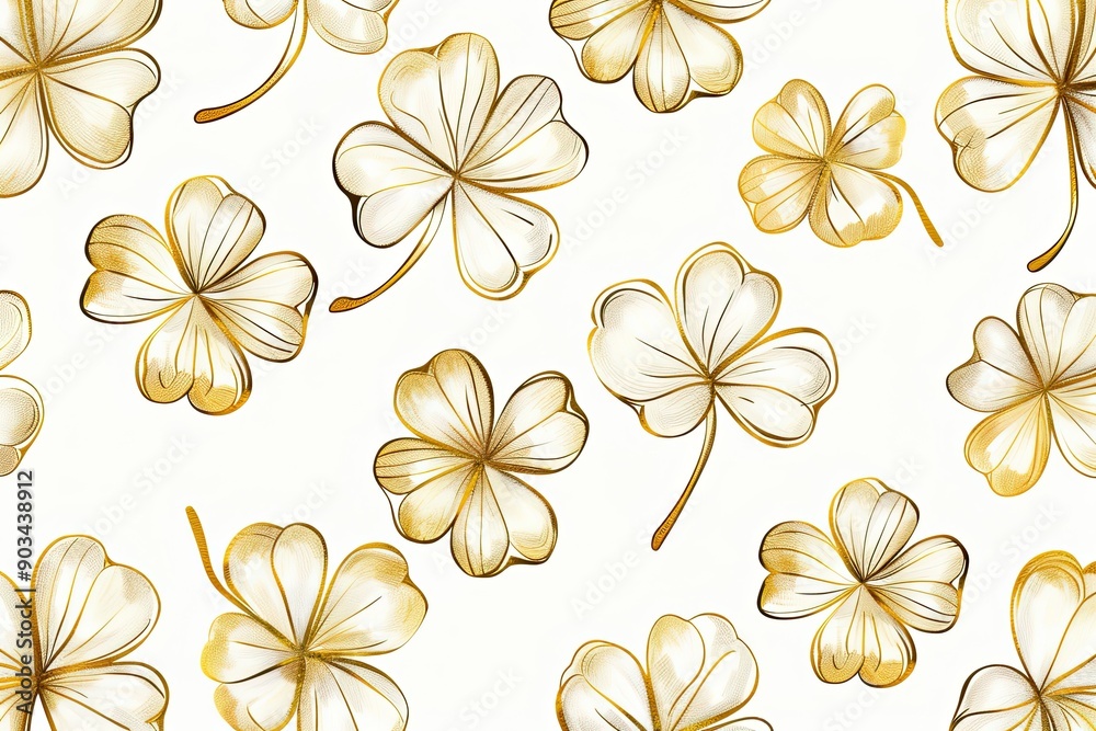 A pattern with a cartoonistic illustration of a white and gold leaves white background. Thick cartoon A pattern with a cartoonistic illustration of a white and gold leaves white background. Thick cartoon