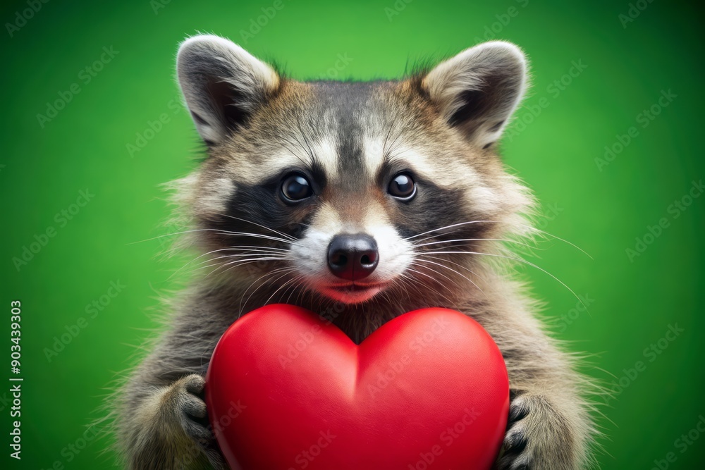 Obraz premium Adorable raccoon holding a large red heart on a bright green background, perfect for Valentine's Day congratulations cards, gifts, and romantic celebrations.