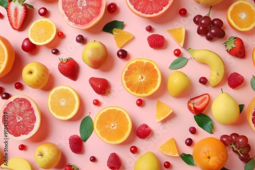 Assortment of Fresh Fruits and Berries on a Pink Background