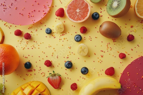Colorful Fruit and Berry Arrangement on a Yellow Background