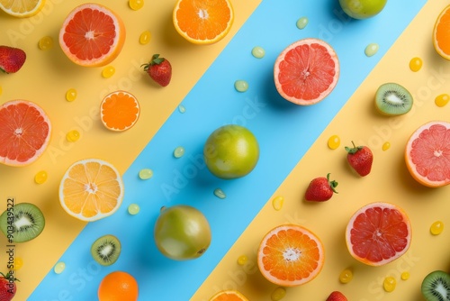 Colorful Fruit Arrangement on a Yellow and Blue Background