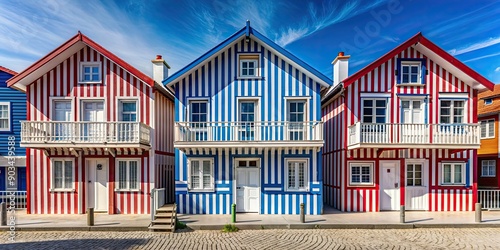 Colorful striped fishermen's houses in blue and red in Costa Nova, Aveiro, Portugal, Colorful, Striped, Fishermen's houses