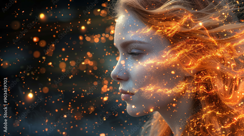 Young woman with fiery light effects in her hair, creating a magical and ethereal atmosphere. Young woman with fiery light effects in her hair, creating a magical and ethereal atmosphere.