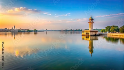 A serene view of Hussain Sagar Lake in Hyderabad, India, Hussain Sagar, Lake, Hyderabad, Telangana, India, Water, Sunset