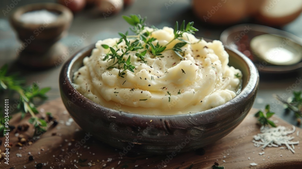 a bowl of mashed potatoes topped with herbs a bowl of mashed potatoes topped with herbs